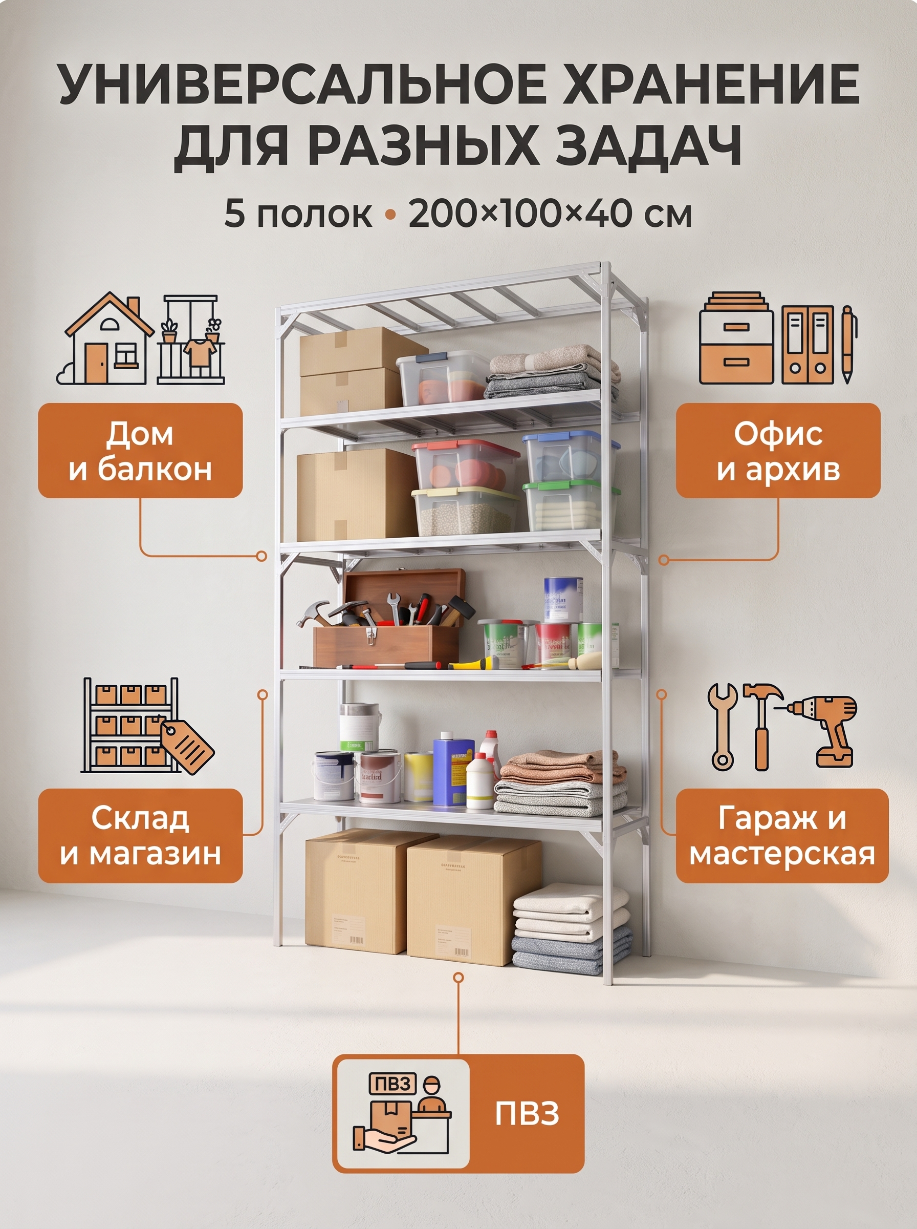 Стеллаж металлический 5 полок 200*100*40 см. Фото 4